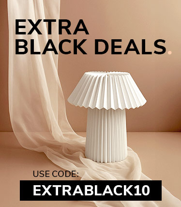 Promotional image for Extra Black Deals featuring a white pleated table lamp on a beige fabric background and the discount code ‘EXTRABLACK10