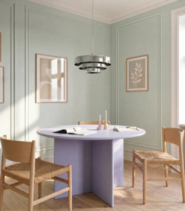 Round purple dining table with triangular base under a tiered silver pendant light in a pastel green room.