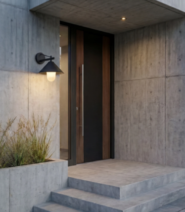 Black outdoor wall light with warm light next to a wooden front door in a concrete façade.