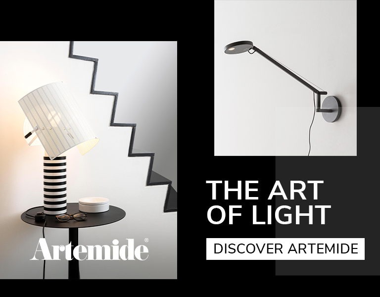 Discover artemide Artemide designer lamps including a striped table lamp with a tilted shade and a sleek wall-mounted light, emphasizing artistic modern lighting