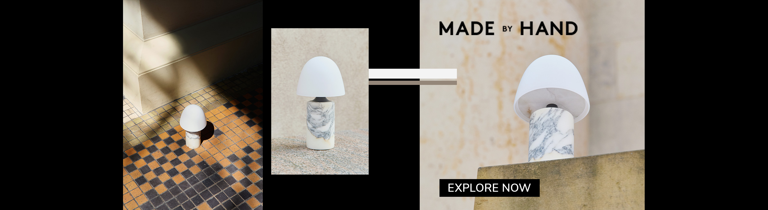 Explore now Made by Hand FUSE lamp with white dome shade and marble base shown in natural light on tiled and stone surfaces, with text ‘Explore Now’.