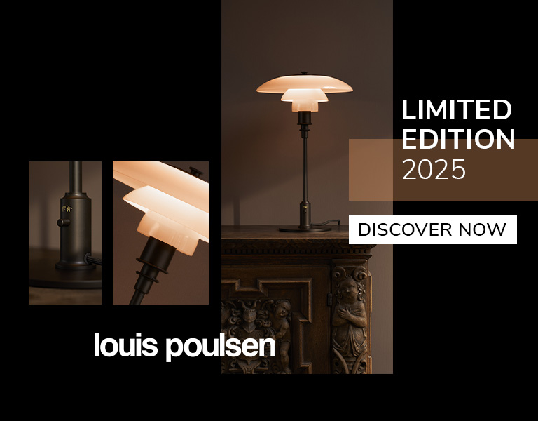 Discover now Louis Poulsen limited-edition 2025 table lamp in warm ambient lighting, displayed on a carved wooden cabinet with product close-up details