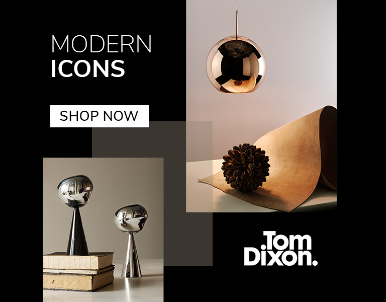 Tom Dixon metallic lighting and sculptural objects, including a copper pendant and chrome table lights, displayed on neutral surfaces. Text reads: ‘Modern Icons. Shop Now. Tom Dixon.